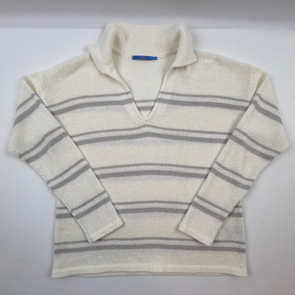 J.McLaughlin Womens Linen Blend Striped V-Neck Collar Sweater Cream Grey Small